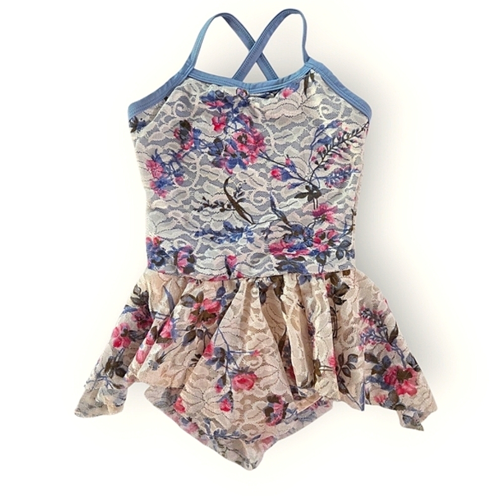 DANSCO Vintage Gym Foral Lace Leotard With Skirt. Size Small Fits 6 7.